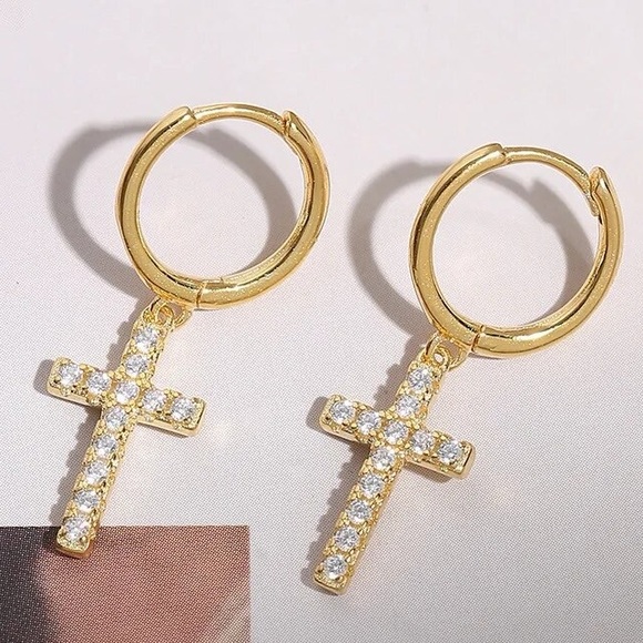 New Sterling Silver Gold Plated Micro Paved Charm Cross Earrings - Picture 2 of 7